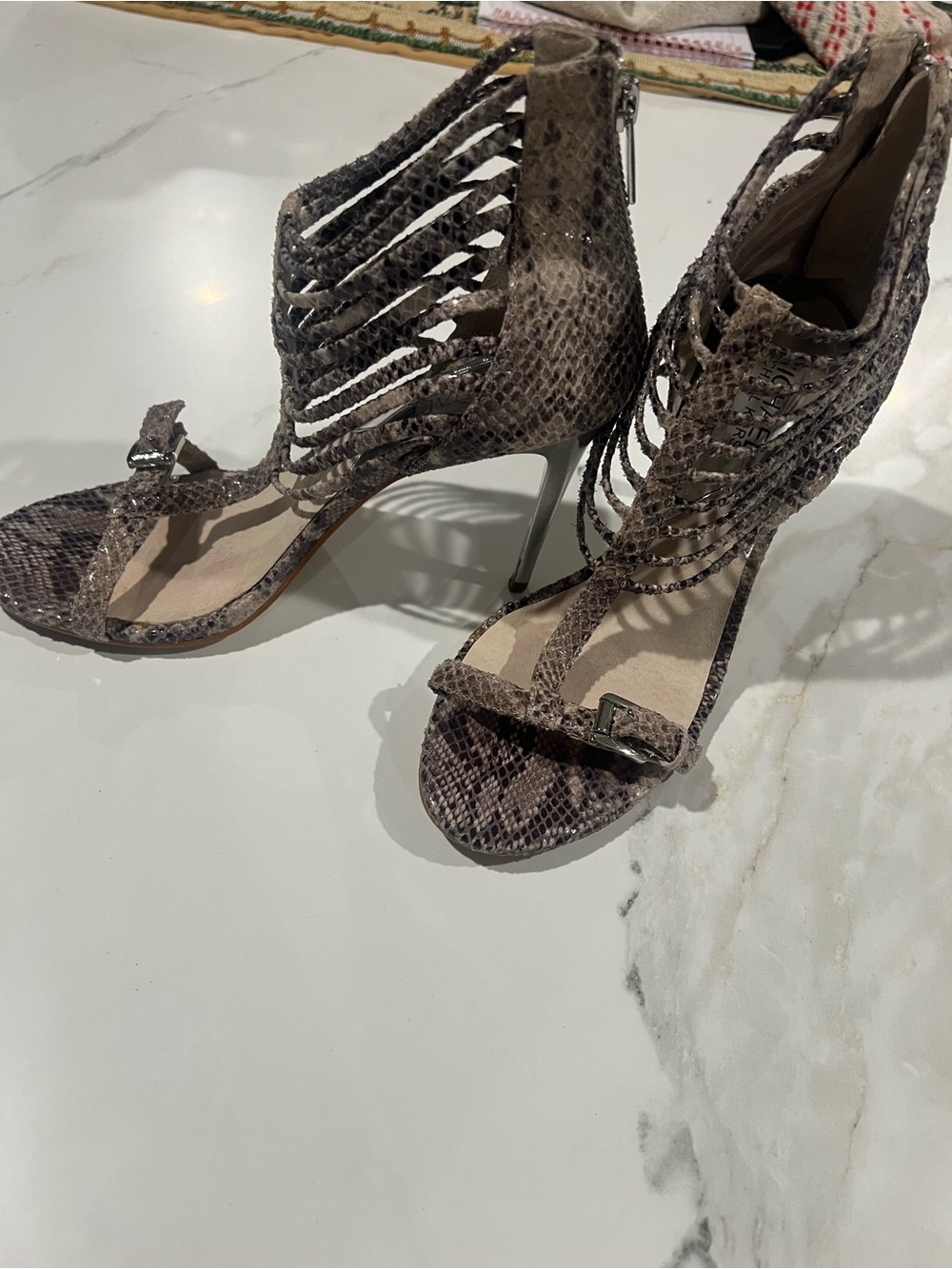 Michael Kors Taupe Snake-Print Strappy Stiletto Sandals 8
